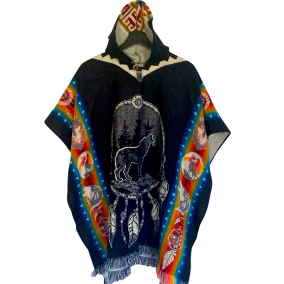 Handmade Women Or Men Navy Blue Colorful Wolf Design Hoodie Capes Poncho - Picture 1 of 9